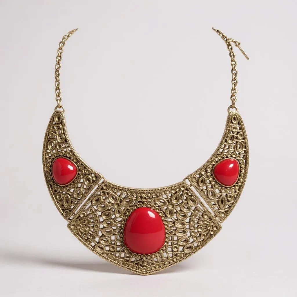 Vintage Red Lucite Stud Onantique Look Gold Tone Wide Necklace Earring Set